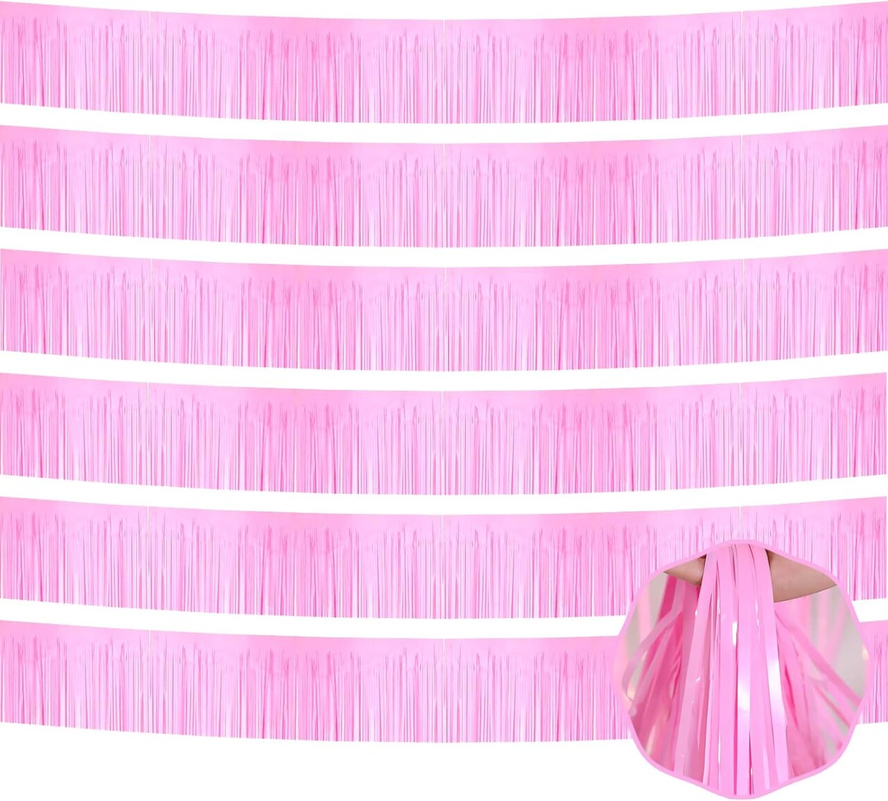 6 Pack 10 Ft Macaron Pink Foil Fringe Garland Metallic Tinsel Streamers Banner Wall Hanging Curtain Backdrop for Parade Floats, Christmas Day, Thanksgiving Day, Halloween, New Year Party Decoration